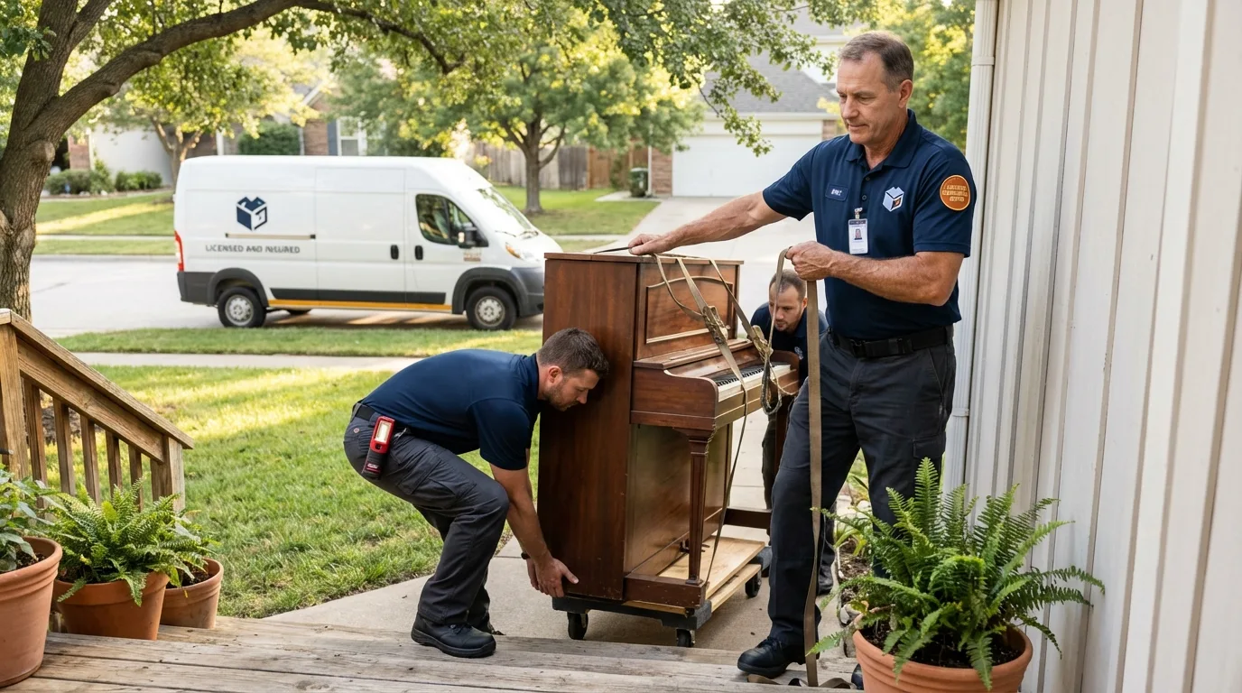 Licensed piano movers securing grand piano in Pine City, MN