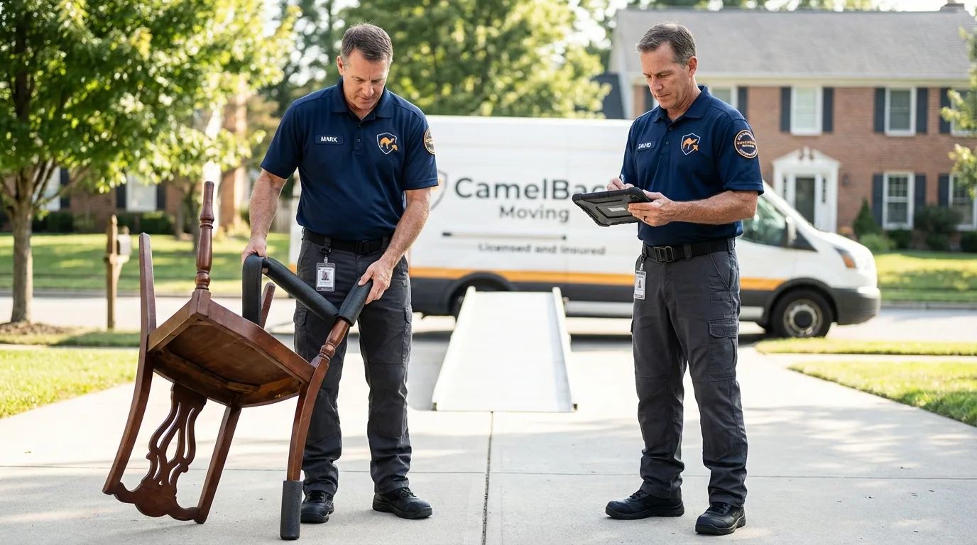 Movers inspecting furniture for damage prevention before loading in Pine City, MN