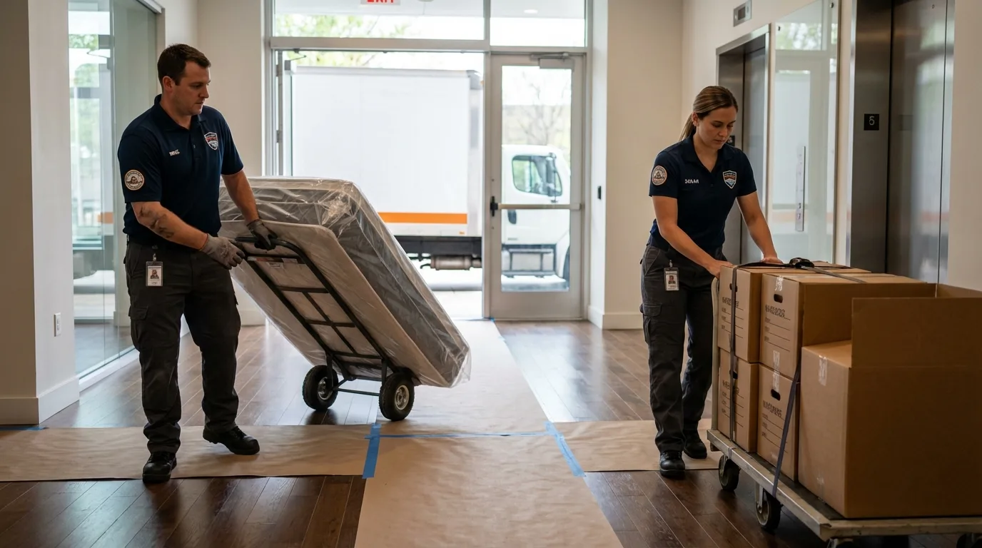 Professional apartment movers loading elevator in Pine City, MN
