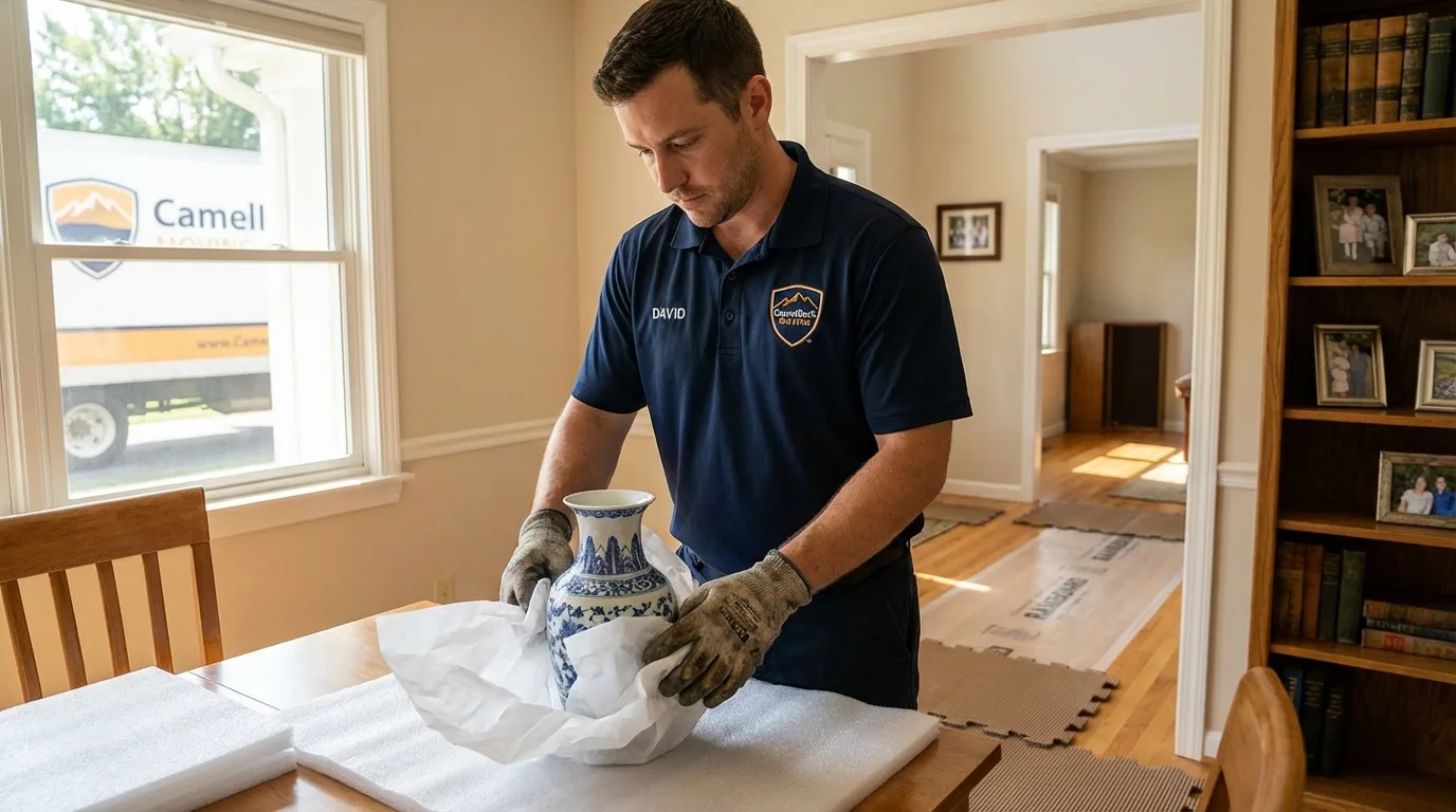 Professional crew carefully wrapping antique vase for senior downsizing move in Pine City, MN